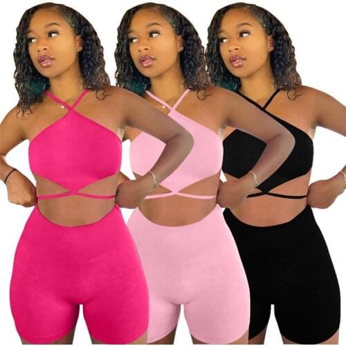 Sleeveless Halter Bandage Women Suit Two 2 Piece Set Tracksuit Sexy Outfit Summer Solid Tracksuits