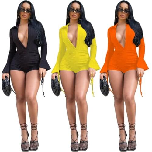 RStylish Women Sexy Solid Color Flare Long Sleeve Deep V Neck Drawstring Ruched Bodycon Party 2021 Summer Rompers