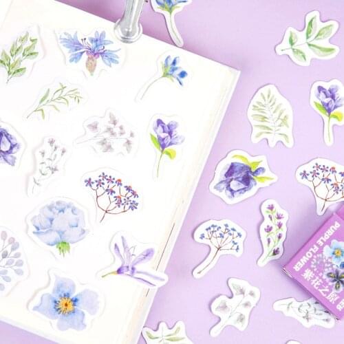 46pcs Cute Boxed Sticker Mini Painting Purple Flower Plant Stationery Label Scrapbook Birthday Gift Kids Decoration Reward