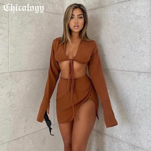 Chicology 2021 Women Summer 2 Two Pieces Sets Short Skirts Suits Long Sleeve Bandage Tie Sexy Midi Fashion Clothes