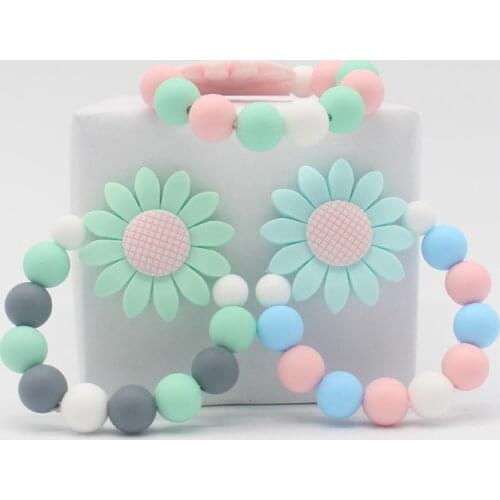Baby Silicone Teether Care Bracelet Sunflower Teether Silicone Chewing Bead Teething Rattle Toy Teether Bracelet