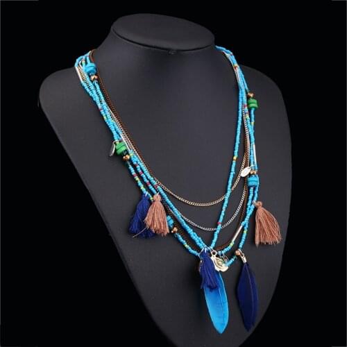 Women Girls Multilayer Colorful Bead Necklace Fake Feather Tassel Long Necklace Bohemia Beaded Necklace Jewelry Accessories