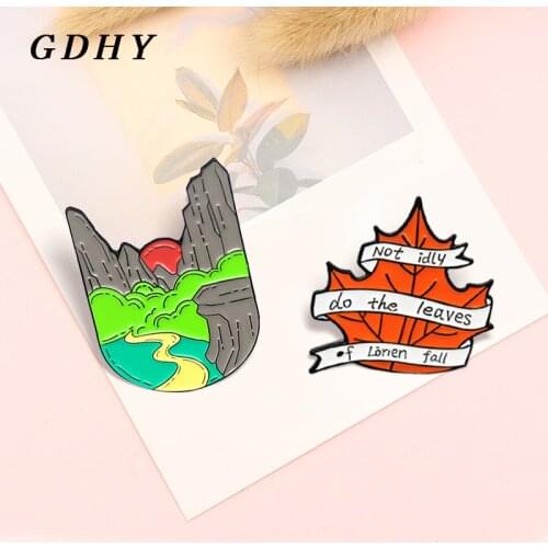 GDHY Mountain Rivers forest Red Leaves Brooches Book Flowers Maple Leaf Alien Pizza Wild Camping Enamel Pin Lapel Badge Jewelry