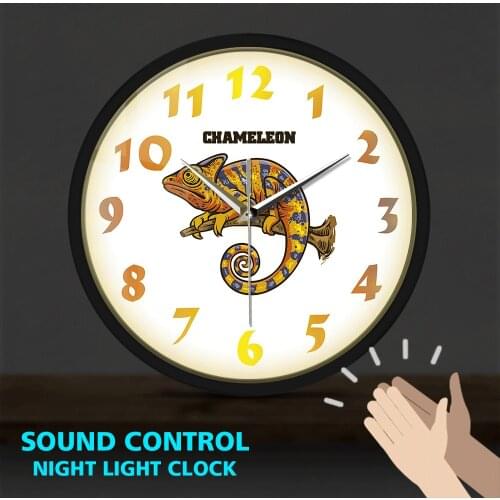 Chameleon Metal Frame Wall Art Lighting Clock Sound Control Lizard Animals Home Decor Reptile Non-Ticking Quartz Hanging Watch