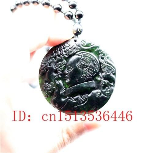 Chinese Black Green Jade Mao Ze DongPendant Natural Hand Carving Necklace Fashion Amulet Luck Gifts Men Sweater Chain