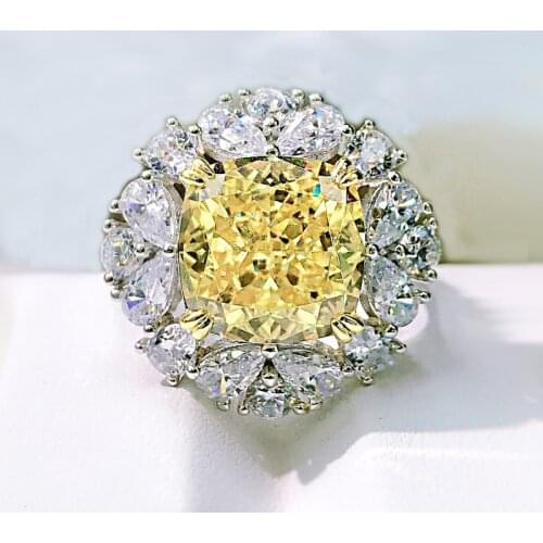 Luxury 925 Silver Radien Cut 11*11mm Created Moissanite Citrine Flower Ring For Women Engagement Wedding Party Circle Jewelry