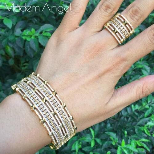 ModemAngel Cubic Zirconia Wedding Bangle Ring Set Jewelry Sets Women Bridal Engagement Wedding Dubai Bridal Jewelry Set