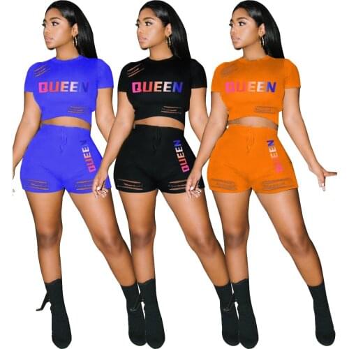 Echoine 2021 summer QUEEN Letter Print Pleat Hollow Out Two Piece set Crop Tops and shorts jogger Streetwear Tracksuits Outfits