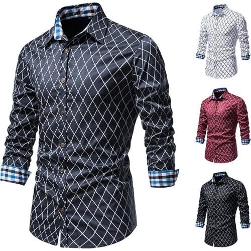 Trend New Mens Business Casual Slim Shirts Plaid Long-sleeved Shirts Party Office Shirts Tops