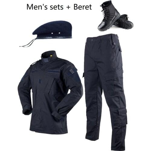 Mens Sets Navy Blue Police Uniforms Security Guards Army Uniform ACU Ribstop Military Uiforms With Beret Swat