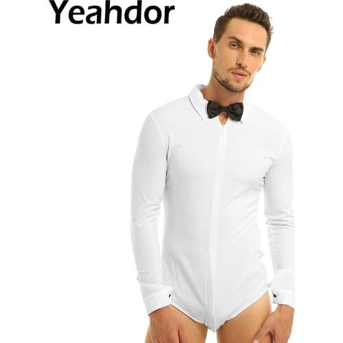Mens One-piece Romper Shirt Long Sleeve Zipper Solid Color Latin Modern Dance Shirt with Bowtie Male Soft Smooth Tuxedo Shirt