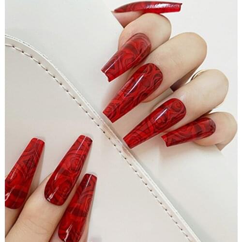 24Pcs Full Cover Red Wine Rose Print Fake Nails Tips Acrylic Extension Long French Manicure Patch Women Fashion New Style
