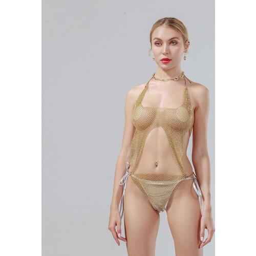 New Hollow Out Beachwear Swimming One Piece Bikini Summer Vocation Glitter Rhinestone Fishnet Plaid Sexy Cut Out Swimsuits