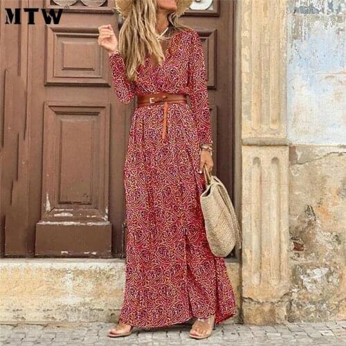 Autumn Bohemian Maxi Dress 2020 Casual Long Sleeve V-Neck Floral Print Dress Vintage High Waist Party Dresses