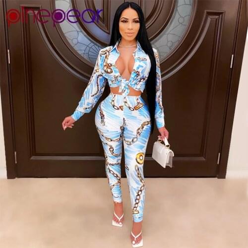 PinePear 2021 Winter Sexy Women Two Piece Set Fashion Gold Chain Print Crop Top + Pencil Pants 2 Piece Club Outfits Wholesale