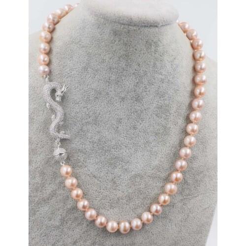 Pink purple near round 9-10mm AA freshwater pearl necklace dargon clasp 18inch wholesale beads nature FPPJ woman