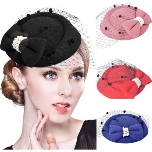 Bow Fascinators Hat Women Mesh Ribbons Pearl Fedoras Hat Headband Or A Clip Cocktail Tea Party Headwewar For Girls Ladies