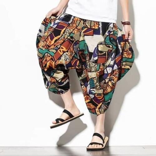Large Chinese Linen Shorts Mens Hip Hop Casual Leather Black Pants Baggy 7 / 4 Wide Leg Harlan Beach Pants Japanese Streetwear