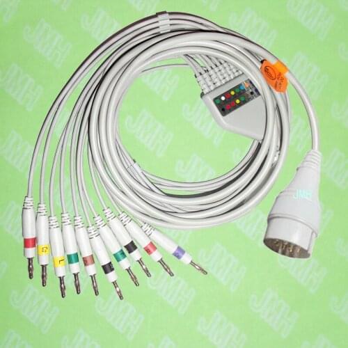 Compatible with Fukuda FX-031 EKG 10 lead,One-piece ECG cable and leadwires,11PIN,4.0 Banana,IEC or AHA