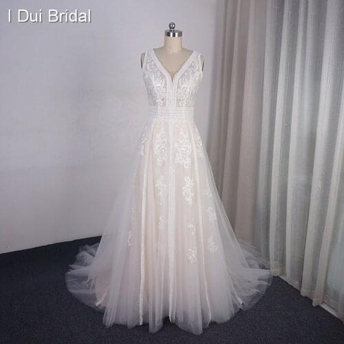 A Line V Neck Unique Lace Wedding Dress Boho Bridal Gown 2020