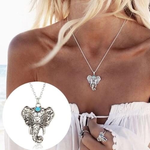 Vintage Elephant Pendant Necklace Boho Antique Blue Stone Choker Necklace Bohemia Bijoux Collares Bar Necklace