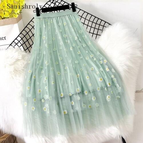 Autumn Midi Long Tutu Skirts Womens Elastic High Waist Little Daisy Print Mesh Skirts Ladies A Line Tulle Lace Skirt Streetwear