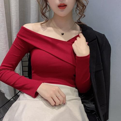 Womens T Shirt Pullover Asymmetric Skew Collar Off-the-shoulder Sexy Long Sleeves Slim Tops Wholesale Autumn Red Clothing