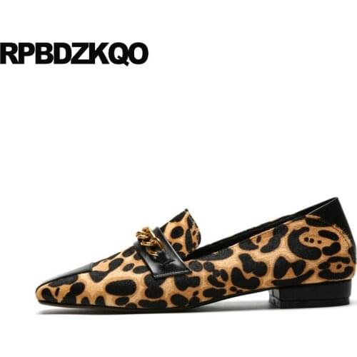 Square toe fashion designer shoes women luxury 2019 cheetah flats metal shallow genuine leather loafers slip on chain chinese
