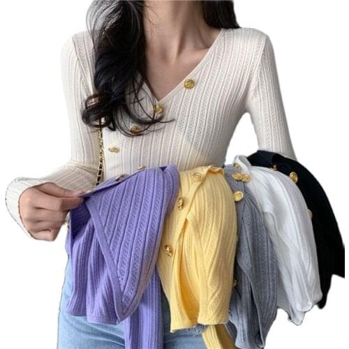 Hollow Out Sexy V-Neck Jumper Sweater Knitted Women Button Korean Fashion 2021 Spring Woman Sweaters Pullovers Long Sleeve Tops
