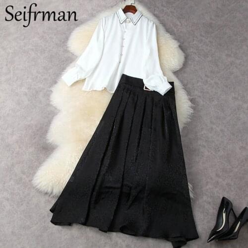 Seifrmann New 2021 Summer Women Fashion Runway Skirts Set Lantern Sleeve Loose Print Blouses+High Waist Big Swing A-Line Skirts