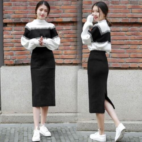 2021 Women Spring Two Piece Set Female Long Sleeve Striped Knitted Pullovers + Midi Skirt Sweater Suit Ladies Knit Outfits O28