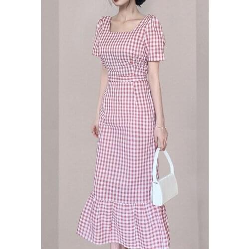 Fashion Summer Korean Retro Streetwear Long Dress Ladies OL Sweet Square Collar Casual Plaid Print Ruffle Split Vacation Dress