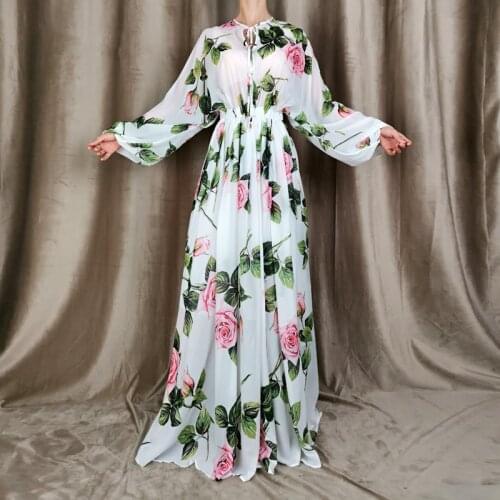 Plus Size Maxi Autumn New WomenS Bohemian Beach Fashion Casual Party Rose Print Lantern Sleeve Chiffon Loose Dresses