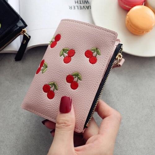 1x Lovely Girl Short Wallet Cherry Embroidery PU Coin Purse Card Holders Money Bag sweet wallet