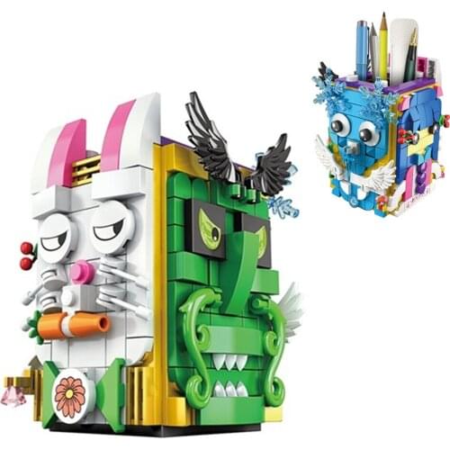2021 City Creativity Cartoon Elk Storage Bucket Pen Holder Building Block MOC Model DIY Bricks Toys Gifts
