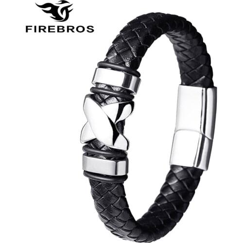 FIREBROS Magnetic Buckle Stainless Steel Metal Beads X Charm 12mm Genuine Leather Bracelet Bangle Armband Men Women Jewelry Gift