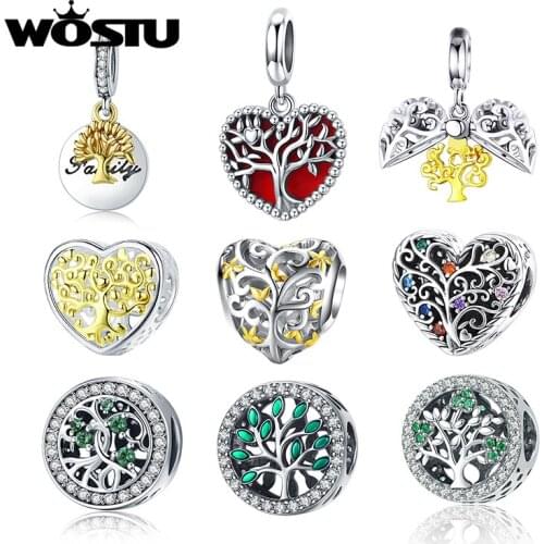 WOSTU 2021 New 100% Real 925 Sterling Silver Tree Of Life Green CZ Beads DIY Charms Fit Original Bracelet Fine Jewelry Making