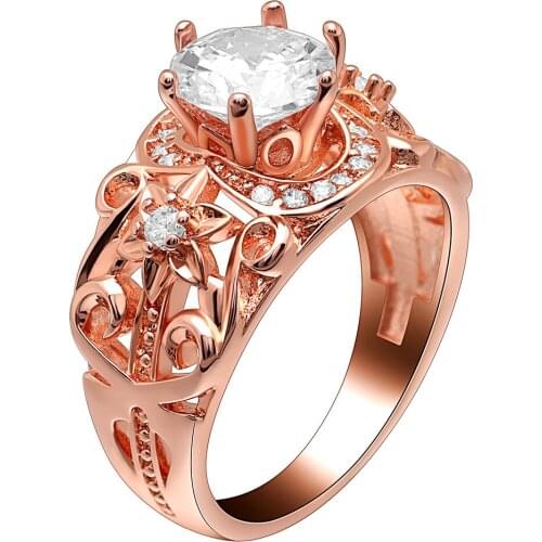 Hainon Rose Gold Color Engagement Ring White Zircon Flower Hollow Wedding Rings for Women Fashion Rings Distribution