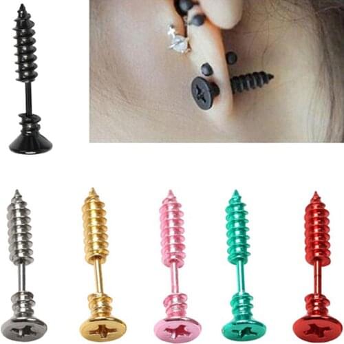 Hot Gold Black Silver Color Single Fashion Unisex Fine Stainless Steel Whole Screw Stud Earrings For Men Women Novelty Item BDH9