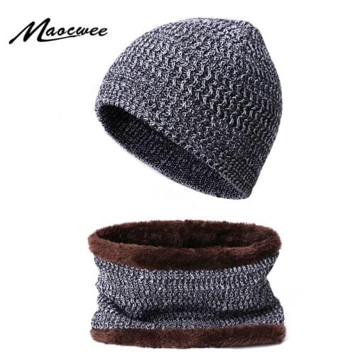 2019 Winter Women Hat Scarf Set Knitted Female Warm Hat Scarf Set With Lining Thicken Hat Set Men Women Casual Solid Bonnet Caps