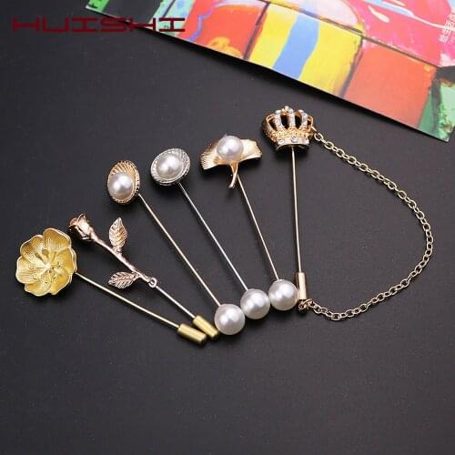 HUISHI Brooch Metal Pin Korean Style Pearl Rose Flower Leaf Crown Brooch Long Needle Lapel Pin Shirt Badge For Men Accessories
