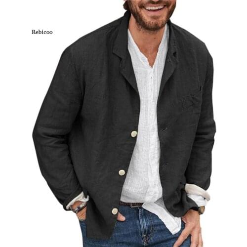 Mens Coats Solid Blazer Cotton Linen New Casual Spring Fashion Buttoned Turn-Down Collar Blazers Vintage Men Streetwear