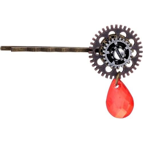 New Aulic Style Gears and Red Faceted Teardrop Women`s Vintage Steampunk Hair Pin