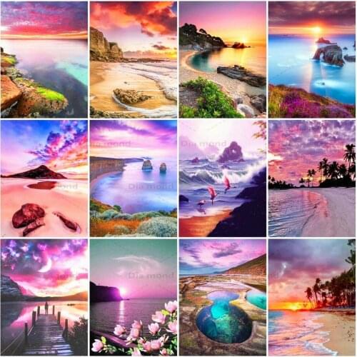 Full Drill Diamond Painting Ocean Sunset Cross Stitch Rhinestone Diamond Embroidery Seaside Landscape Mosaic Handmade Home Decor