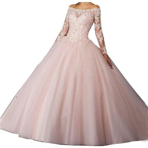 Boat Neck Lace Appliques Girls Pink Princess Sweet 16 Quinceanera Dresses Long Sleeve Sequined Ball Gown Wedding Prom Gowns