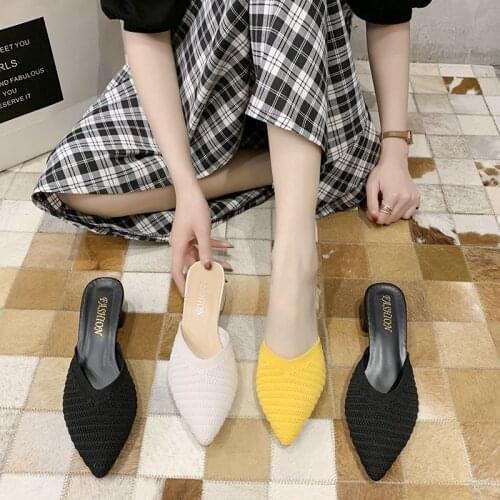 Summer Women Knitted Thick High-Heel Platform Sandals Ladies Pointed Toe Mid-Heel Half Slippers Female Beach Outdoor Pumps