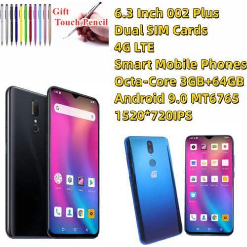 3G/4G Smart mobile phones Dual SIM Cards 6.3 Inch 002 Plus 3+64GB Android 9.0 MT6765 Octa-Core 15200*720pixels WiFi Play Store