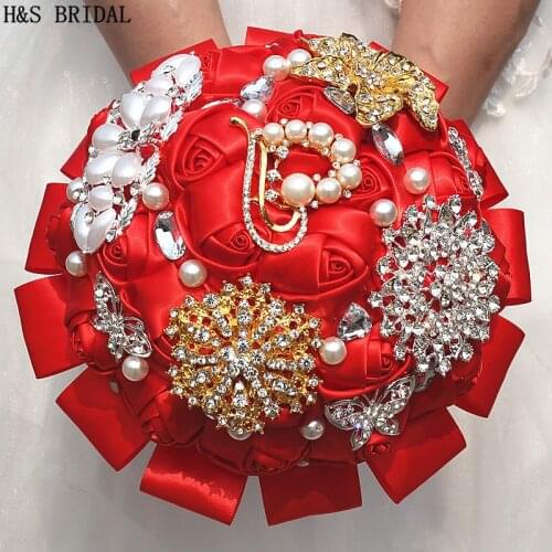 H&S BRIDAL Red Rhinestone crystals Wedding Bouquet wedding accessories Bridal Bouquets Artificial Wedding Bouquets matrimonio