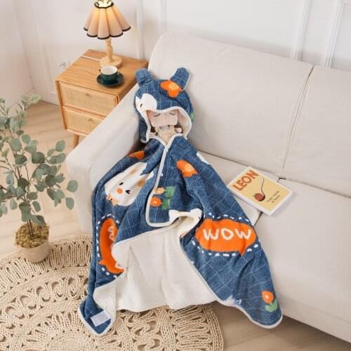 Cartoon Rabbit Thick Hooded Flannel Double-layer Shawl Blanket Winter Warm Office Nap Student Dormitory Air Conditioning Cloak