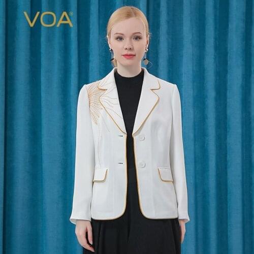 VOA Silk Heavy 30m/m White Suit Collar Three Dimensional Business commuting Long Sleeve Jacket for Women WE69 Spring Jacket 2021